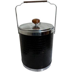 MCM Large Ice Bucket by Kromex  Chrome Wood and Croc Stamped Vinyl Bar Ware VTG
